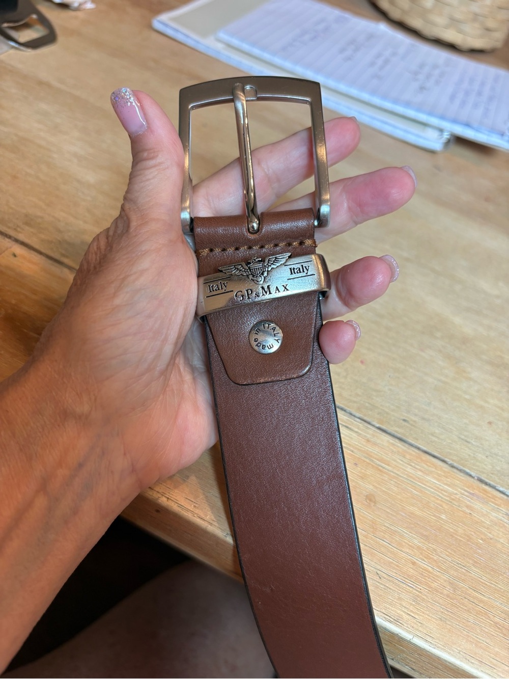 G.P. Max Men's Brown Leather Belt with Brushed Silver Buckle